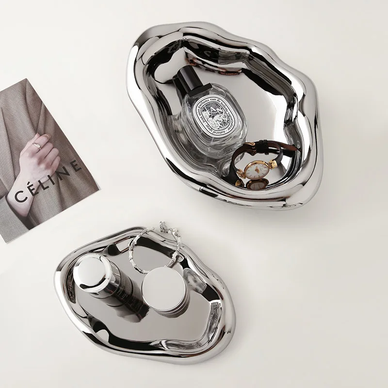 Silver Bear Tray Decor Figurine Gold Metal Plate Shiny Modern Minimalist Home Desk Entryway Small Item Organizer