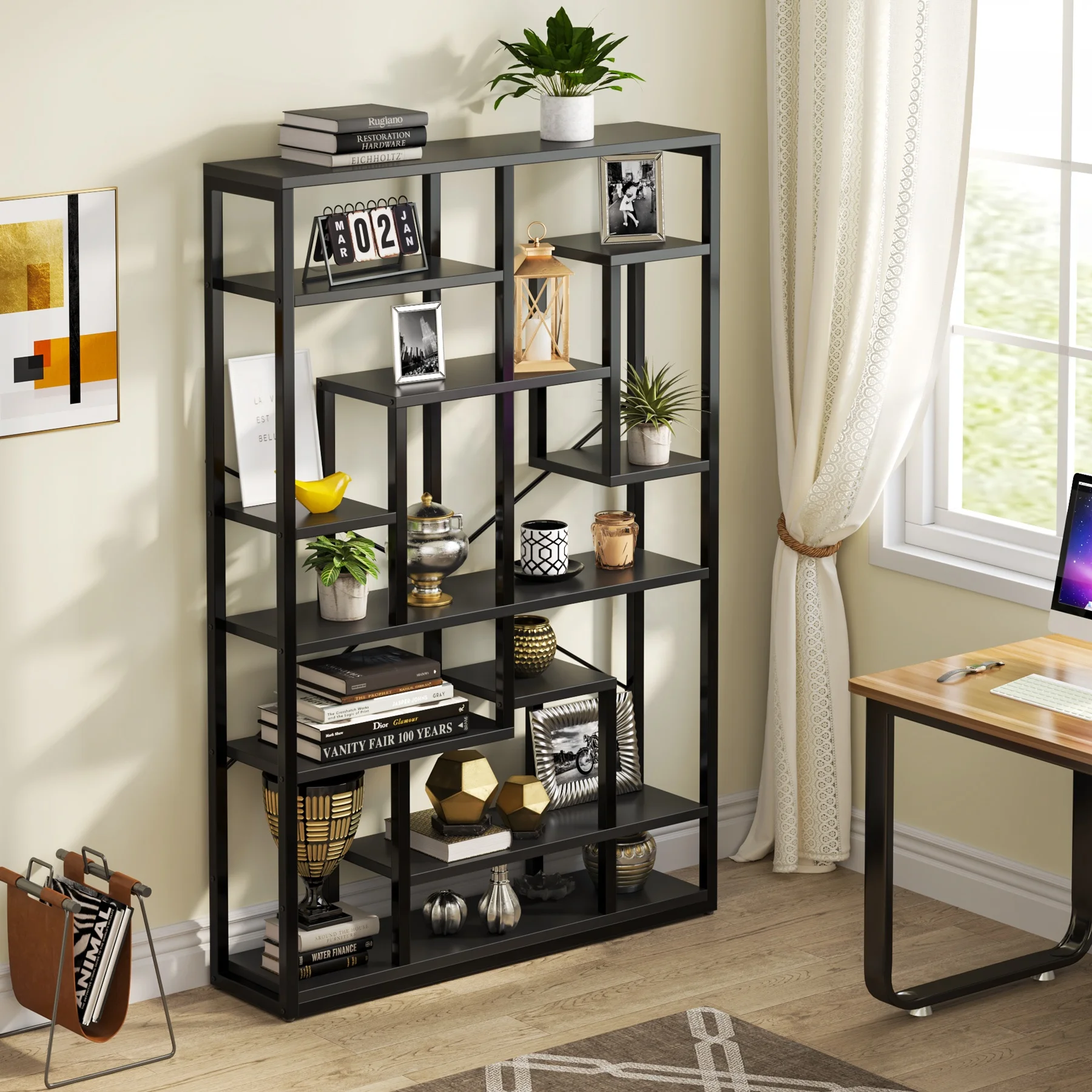 New Modern simple design wooden 9-Tier vintage wide standing bookshelf for home office living room open metal bookcase