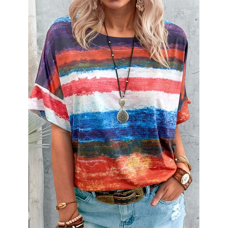 Rainbow Colour stripe Korean Style Girls' t-Shirts Loose t-Shirt With Hot Selling O-Neck Color BlockingTee Shirt Femme