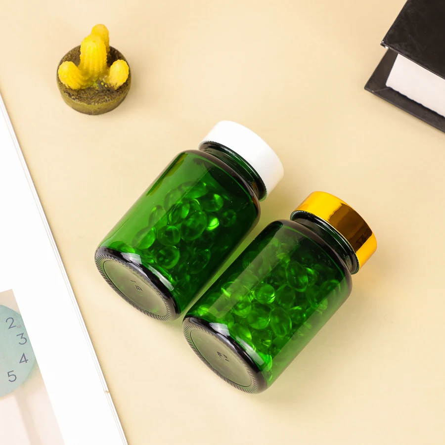 Wholesale 100ml 120ml 150ml Green Glass Supplement Pill Medicine Capsules Bottles Jar Containers With Packaging Box