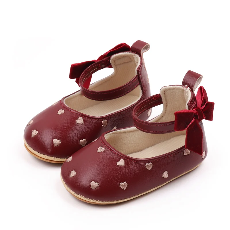 Solid Color PU Leather Baby Girl Princess Shoes Heart-Shaped Pattern with Velvet Bow Decoration Mary Jane Flats Style manufacture