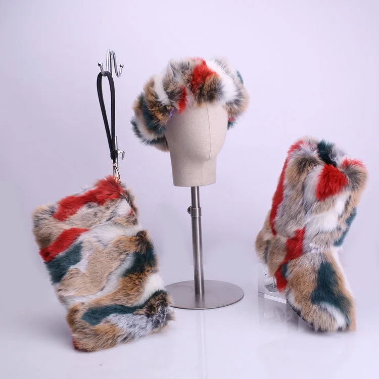 fur boots with matching headband and purse