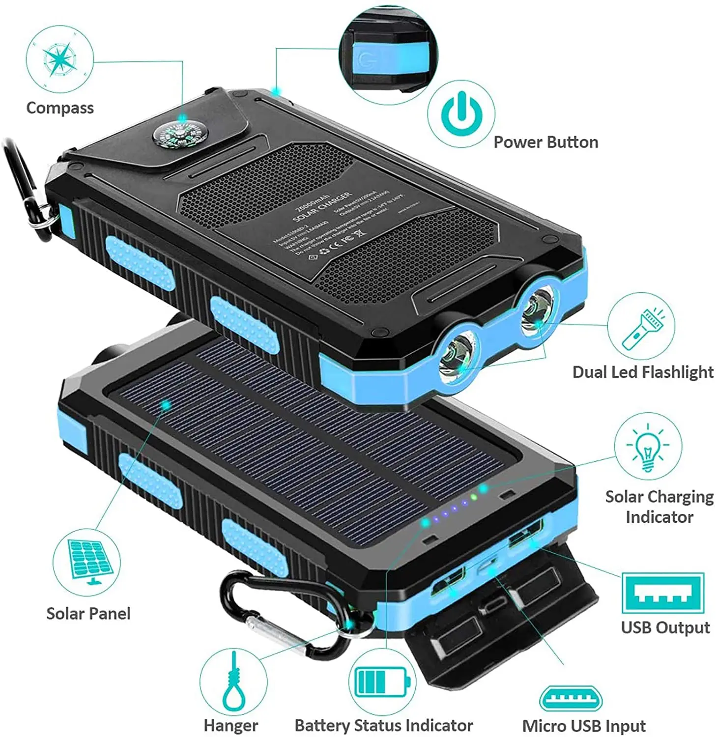 Waterproof Solar Charger 20000mah Dual Usb Travel Solar Power Bank With ...