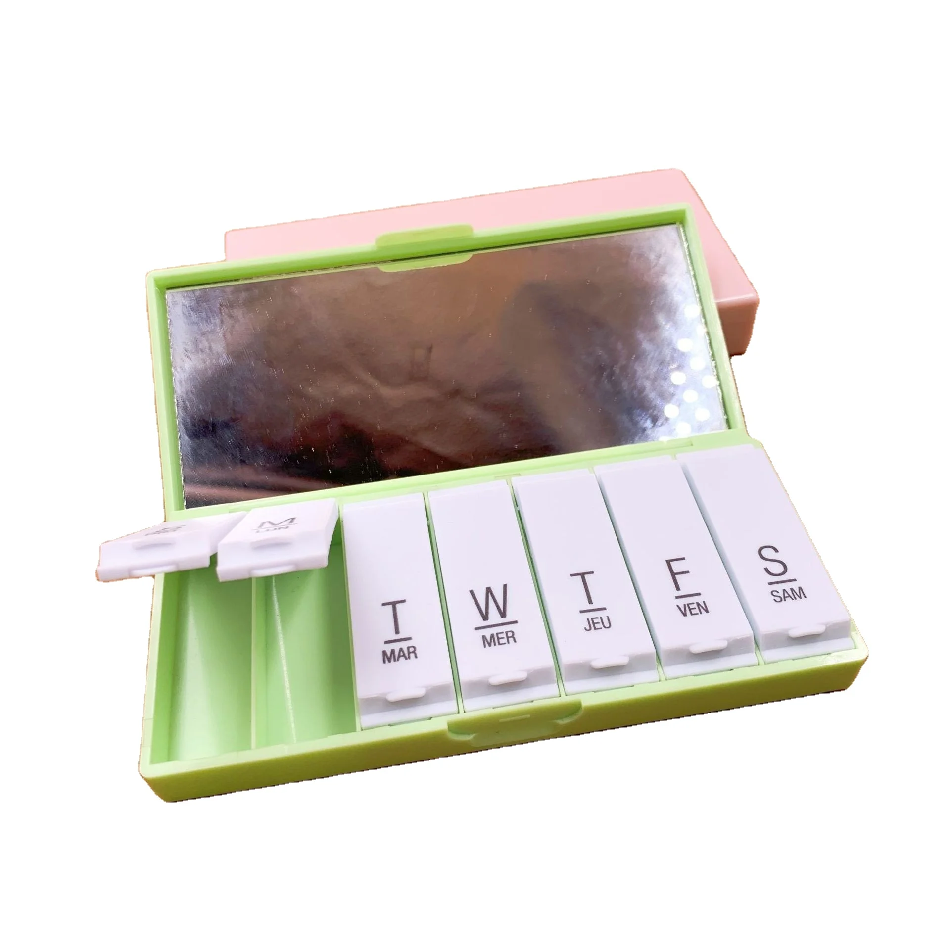 Plastic organizer tablet storage cases Customize logo 7 compartment days weekly pill box with mirror