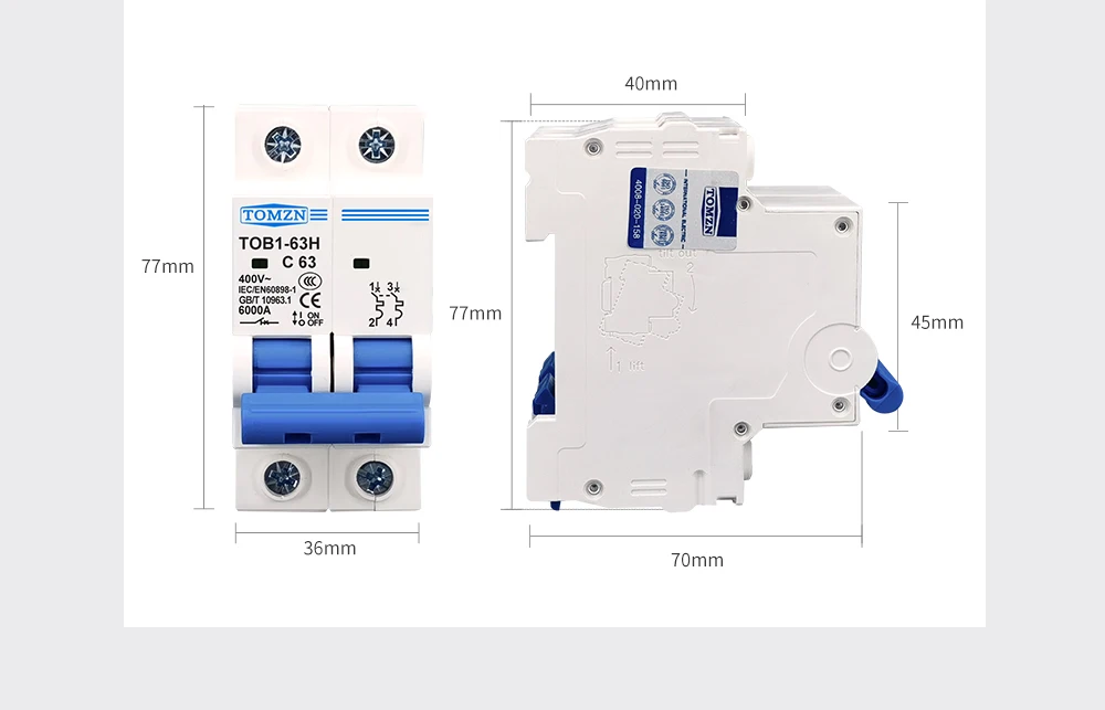 TOMZN 2P AC MCB TOB1-63 C Type 230/400V~ 50HZ/60HZ Mini Circuit Breaker 6A 10A 16A 20A 25A 32A 40A 50A 63A