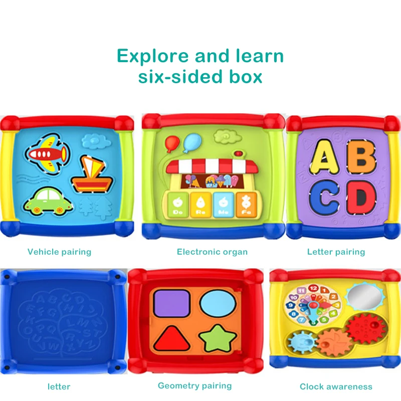 Montessori Six Sides Box Baby Activity Cube Fidget Toy Music Shapes Pair Match Building Block Toys for Baby