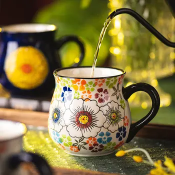 Bohemian Style 450ml 15oz Porcelain Drinking Water Mug Cup Hand Painted Mugs Color Ceramic Cofe Mug with Flower