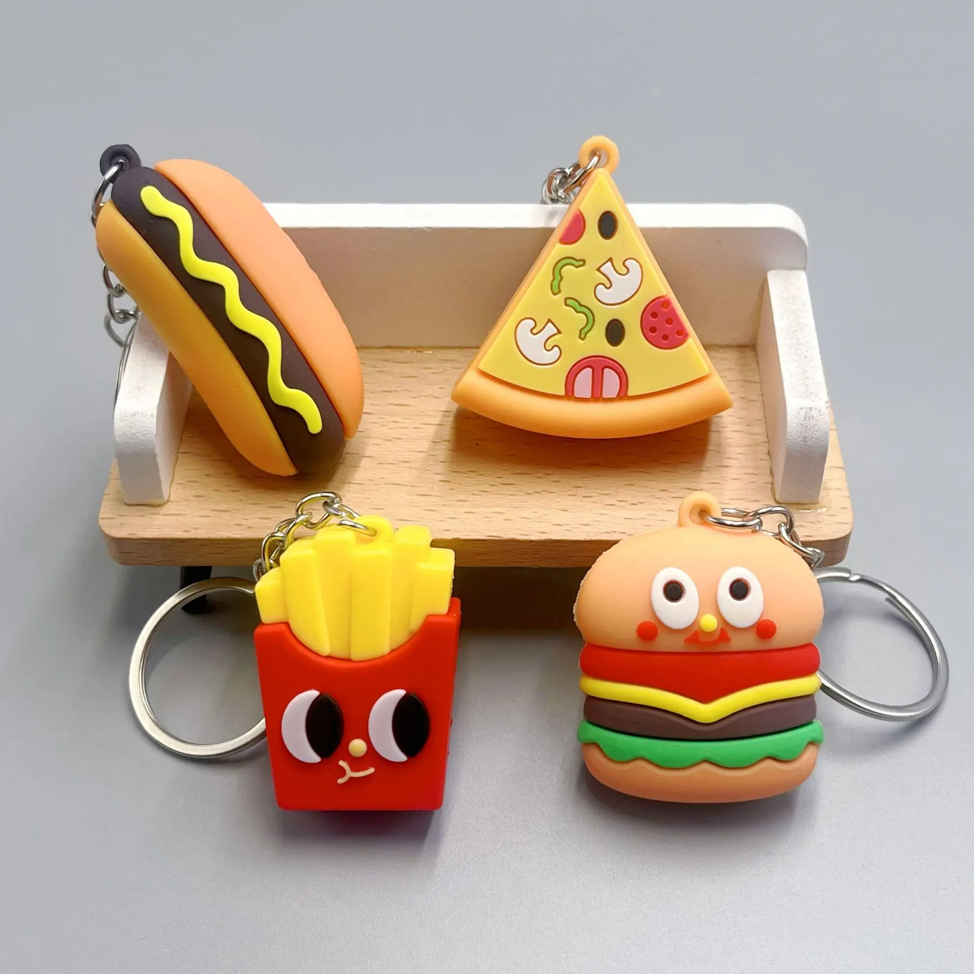 PVC Mini Hamburger French Fries Popcorn Fast Food Key Chain For Vending Machine Mini Fast Food Key Chain