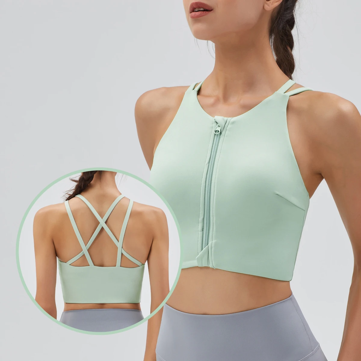 YIYI Cross Beauty Back High Impact Sports Bra Shockproof Breathable Workout Tops Women Quick Dry Front Zipper Yoga Bra