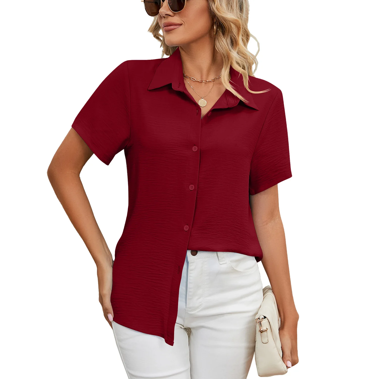 Chigant Silk Button Down Shirts Short Sleeve V-Neck Satin Blouse Office Tunic Top for Women