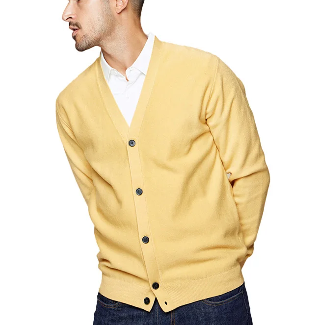 Yellow Cardigan Knit Sweater Men 