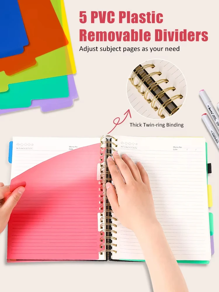 A5 custom printing debossed logo 80°lay flat 5 subject hardcover spiral notebook journal with dividers tabs A5 custom printing debossed logo 80°lay flat 5 subject hardcover spiral notebook journal with dividers tabs