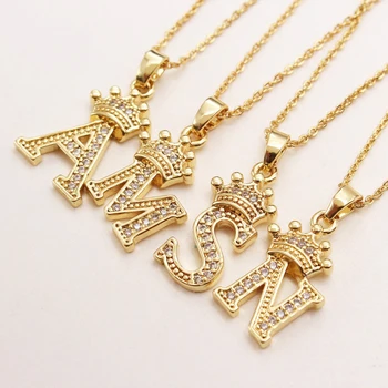 Zircon Alphabet Pendant Necklaces Hiphop Women Men Crown Hip Hop Gold Chain Necklace Initial Letter Necklace