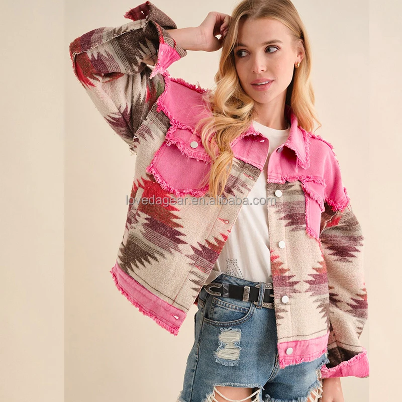 New Style Multi Color Western Aztec Print Button Flap Pocket Winter Fall Rose Red AZTEC Bohemian Shacket Jacket For Woman