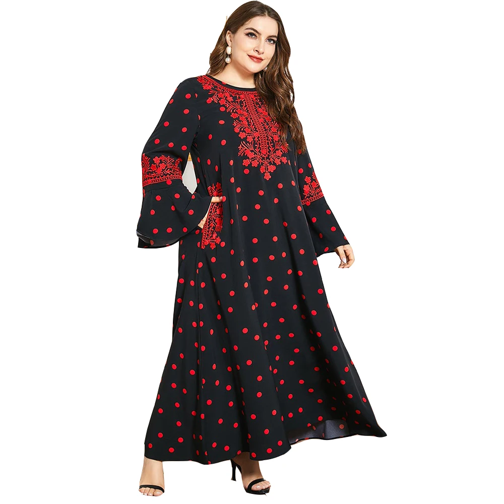 Wholesale plus size women's embroidered printed autumn trumpet long-sleeved casual large swing pocket Muslim long skirt