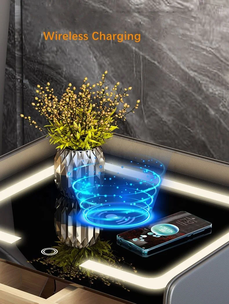 2022 New Technology Smart Home Furniture Bedroom Trip-color Light Wireless Charger Wooden Bedside Table With Two Storage Drawers