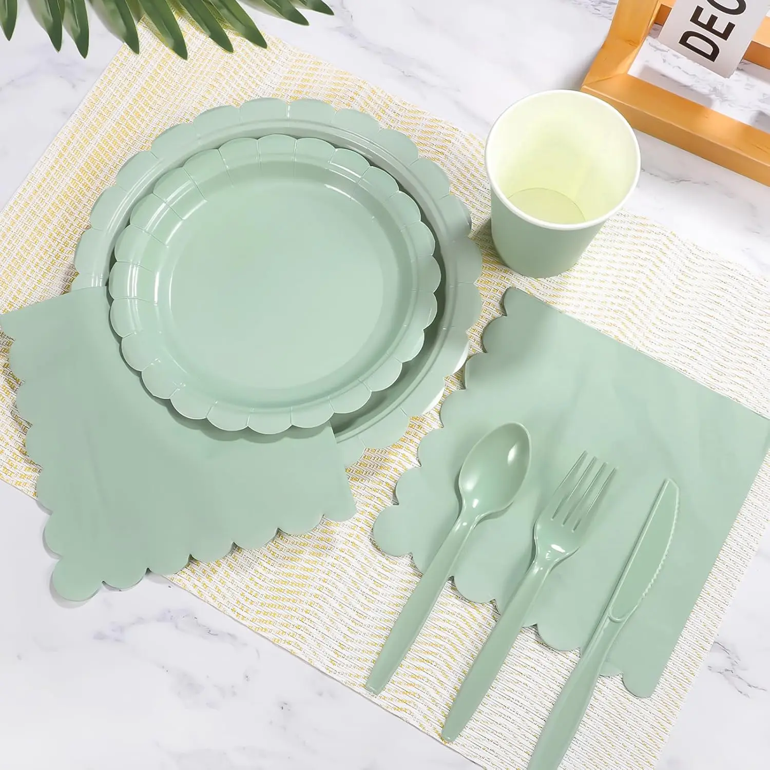 Rat Tail Green Lace Party Tableware Set Solid color Birthday Party Decorations Pure color Disposable Paper Plates And Cups