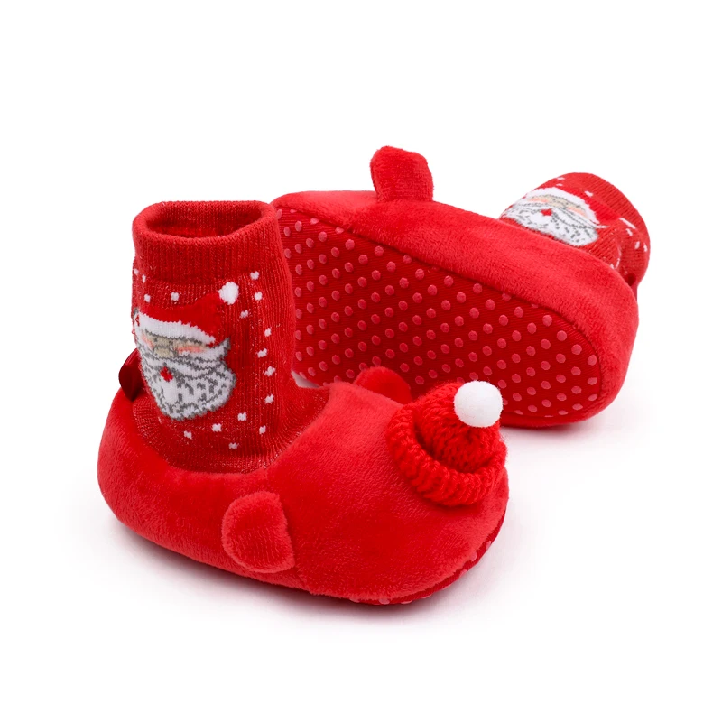 Christmas Solid Color Warm Cartoon Santa Snowflake and Fuzzy Woolly Hat Baby Warm Soft Soled Socks Shoes details