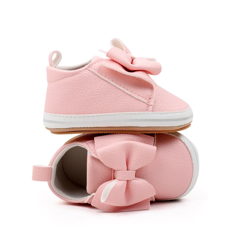 2024 Baby Girl Toddler Soft PU Material Shoes with Large Bow Hook Loop Design Flat and Non-Slip Rubber Bottom Solid Color factory