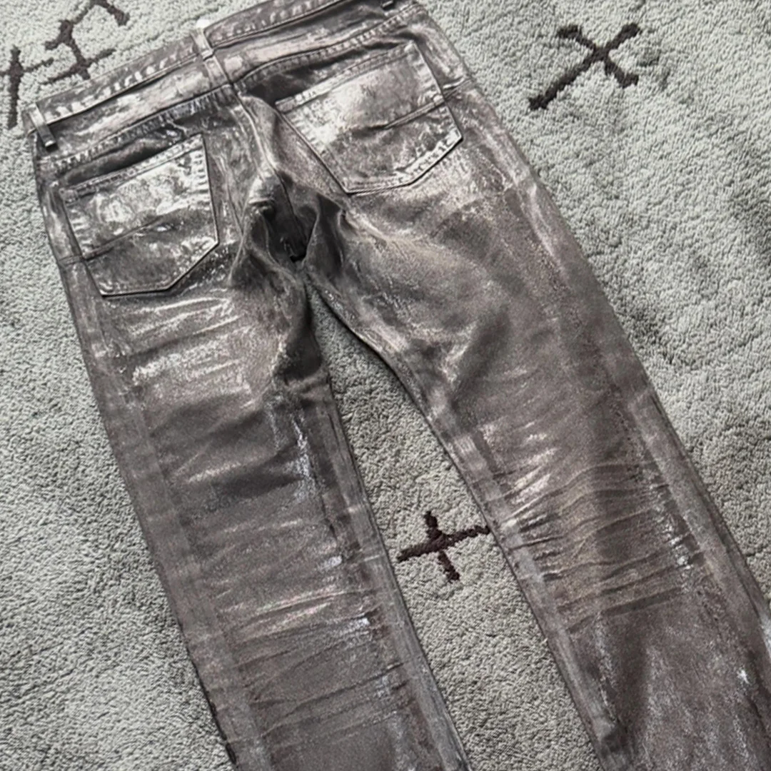 product high quality new designer brand men slim fit knitted wax coated denim pants distressed streetwear eco friendly custom oem-5