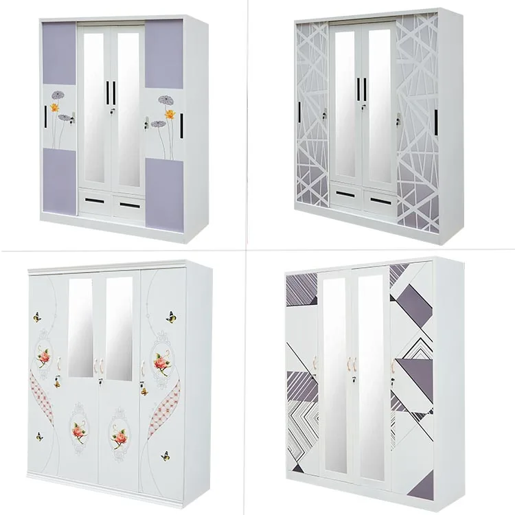 Modern Home Baby Bedroom Iron 4-Door Steel Almirah Wardrobe with Printed Pattern Sliding Metal Door Bedroom Furniture