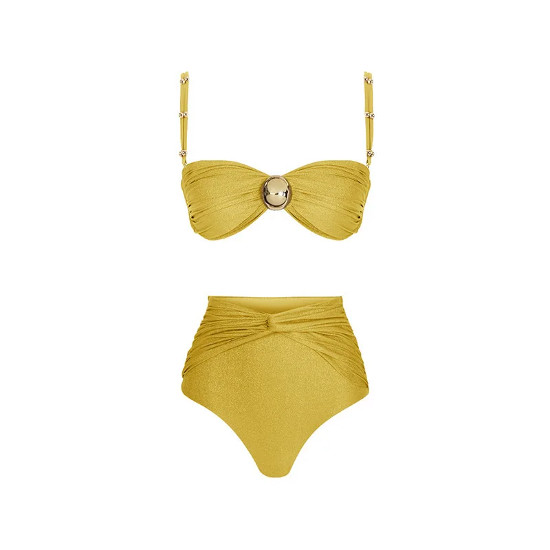 Jsn Solid Yellow High Waist Bikini Set Cover Up Swimsuit For Women Push