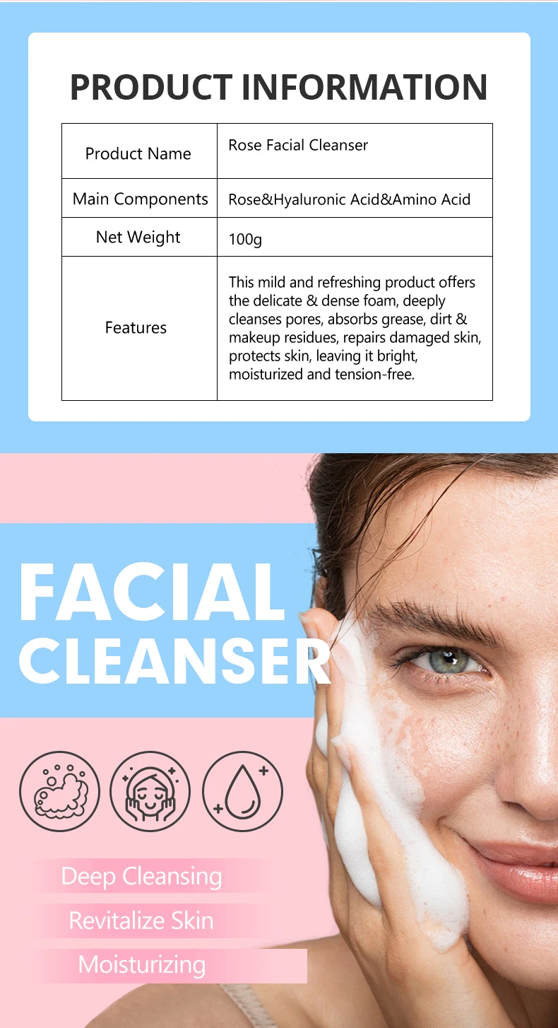 New Rose & Hyaluronic Acid Facial Cleanser Face Cleaning Skin Rejuvenation Clear Skin Products Moisturizing Face Wash