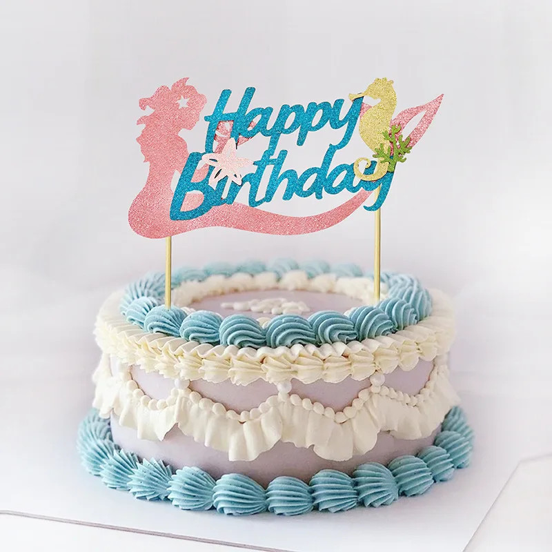 Seahorse Starfish Mermaid Happy Birthday Cake Insert Card Mermaid Theme Birthday Party Decoration Supplies