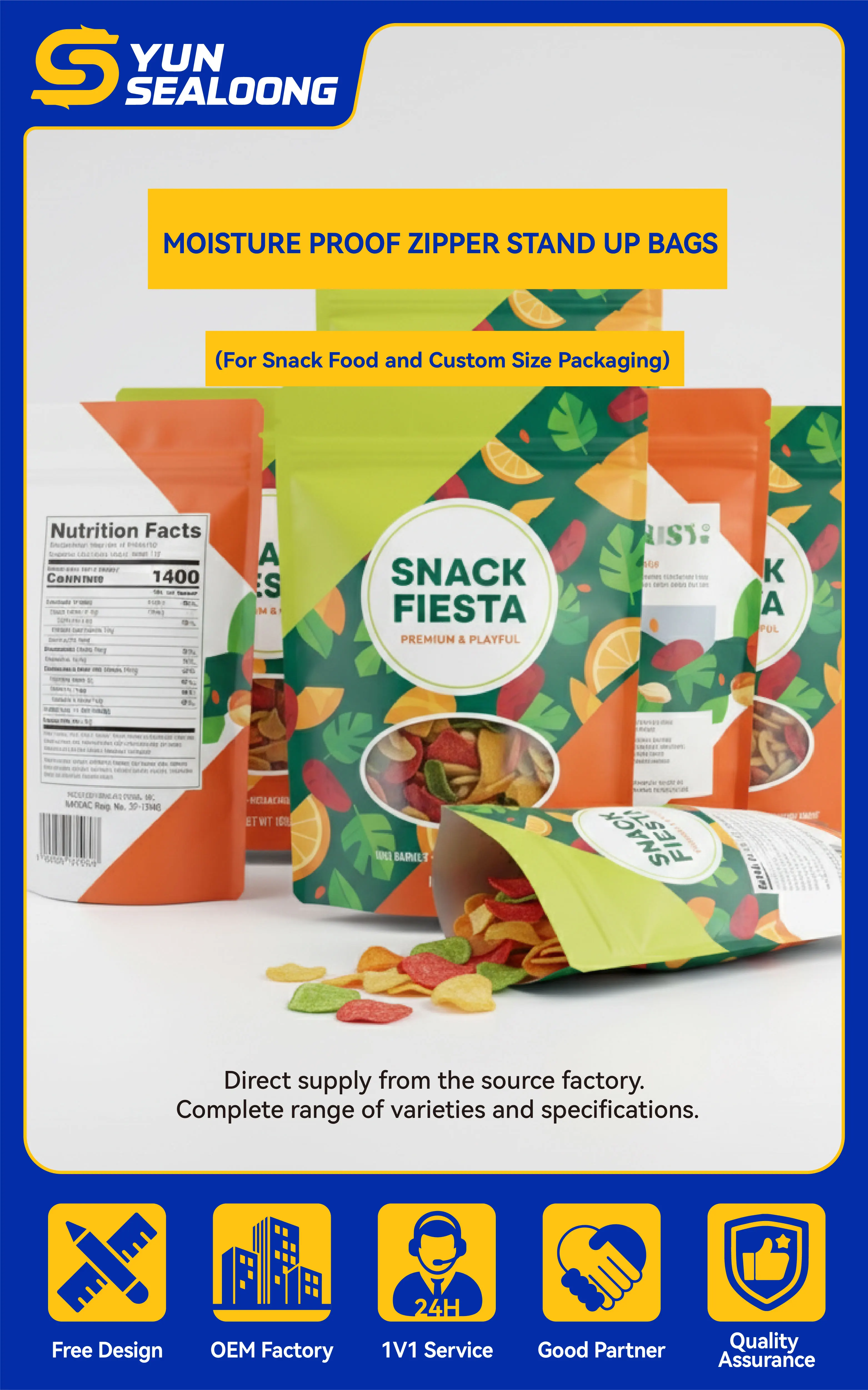Custom Printed Moisture Proof Stand up Pouch with Resealable Zipper for Potato Chip and Snack Food Packaging
