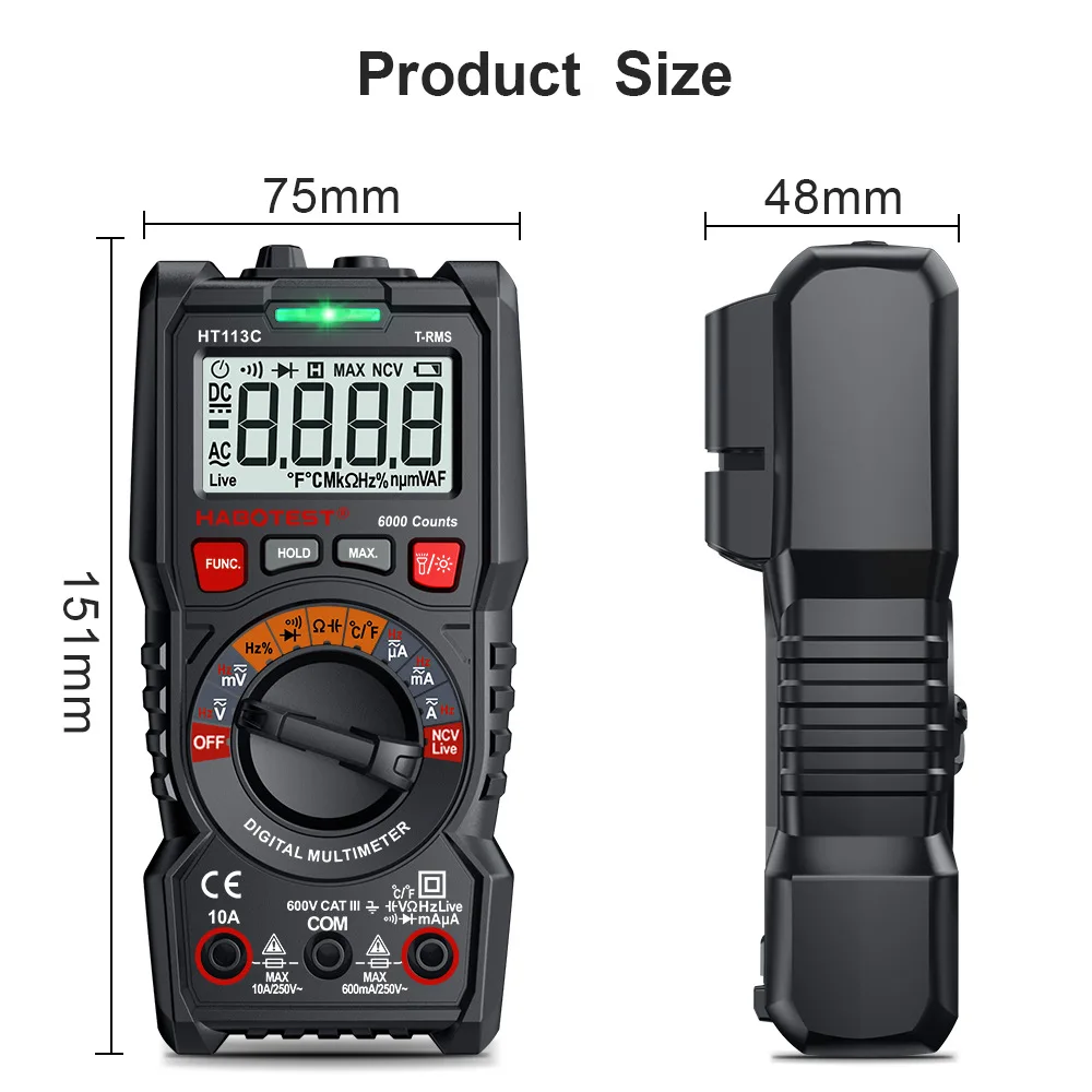Habotest HT113C Digital Multimeter with Safety Rating CAT III 600V ABS Material and Low Battery Indicator