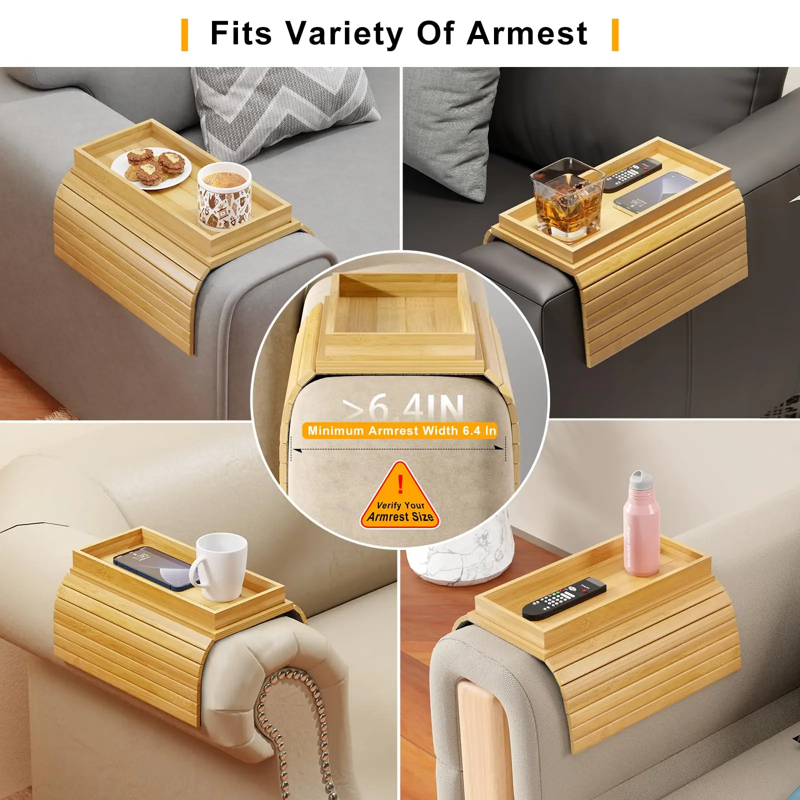product 2 in 1 bamboo sofa armrest tray sliding detachable anti slip foldable frame beverage cup holder mobile tv remote storage tray-12