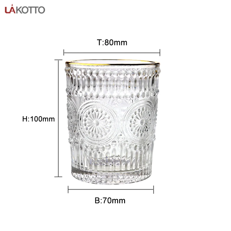 300ml wholesale customized high-end vintage patterned glass cup with gold rimmed mouth beer glass coffee mug