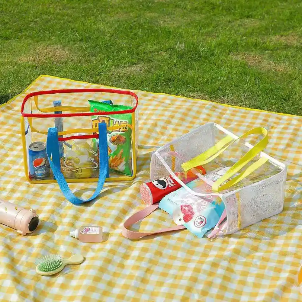 Lightweight Reusable PVC Mesh Side Transparent Makeup Wash Tote Bag Clear Travel Packaging for Beach Picnic Park details