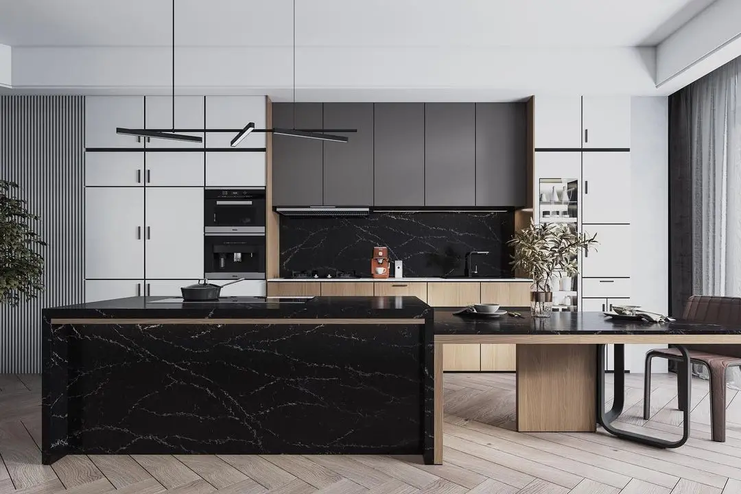 product ydstone modern design poetic black quartz kitchen countertop white vein stone slab for restaurant bar vanity top 3d model design256-8