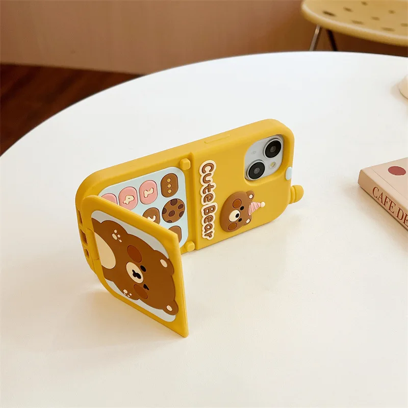 For Apple iPhone15 14 13 12 11 Pro Max Holder Mobile Phone Case Cartoon Cute Bear Mirror Cases Cover