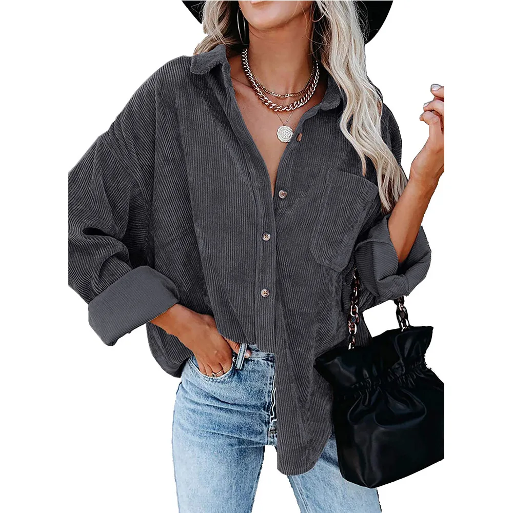 Women's Corduroy Casual Loose Pocket Long Sleeve Jacket and Coat Quick Dry for Winter with down Filling