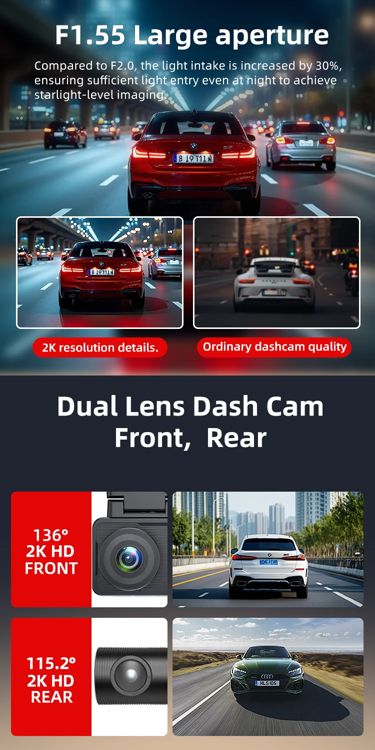 Factory Outlet AHD Dual Lens 3 Inch IPS LCD with Real 2K+2K Dashcam Black Box Type-C Power Tracking and Speed Private Car supplier