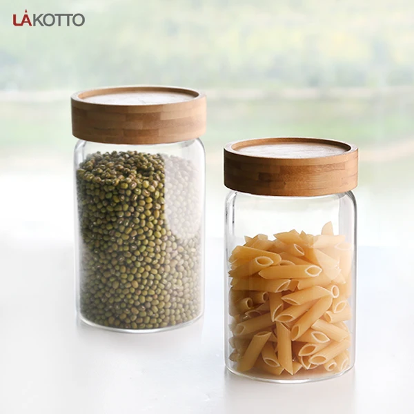 Wholesale New Design High borisilicate Transparent Glass Round Storage Jar with Bamboo Lid Glass Kitchen Storage Jar