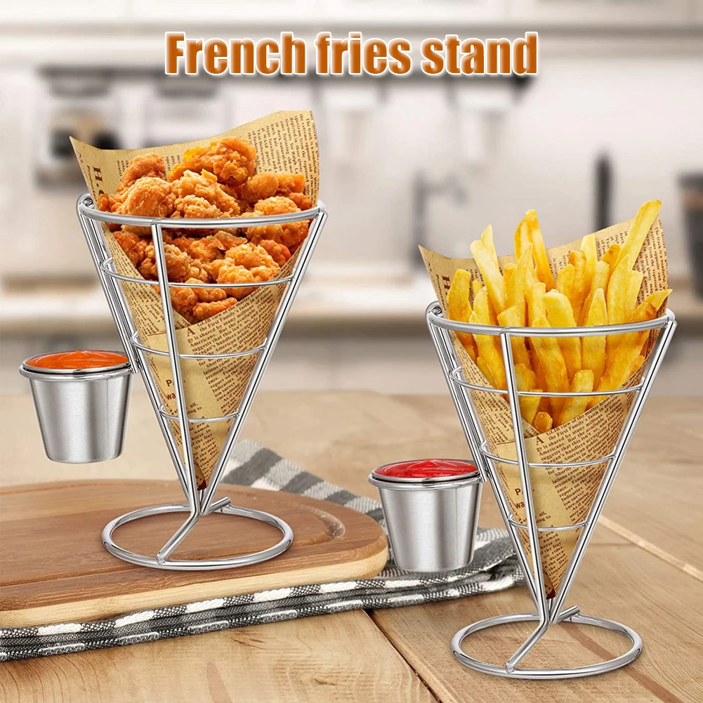 Cone Snack Fried Chicken Display Rack Fries Foods Stand Holder Fry Chips Metal Wire Basket Double Cup Plating French Fries Stand Buffet Cone Snacks Display Stand Fries Baskets 