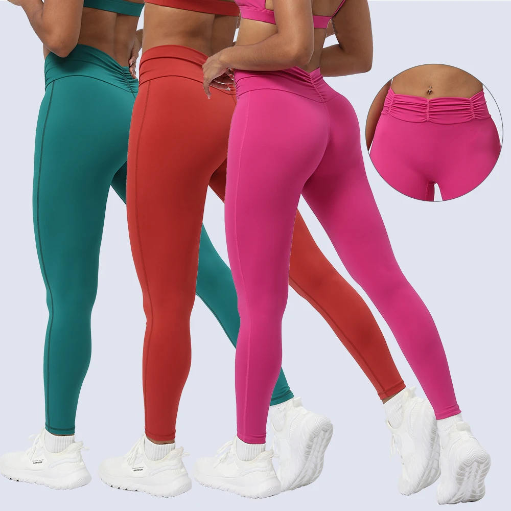 High Quality ODM/OEM Anti-Slip Waist Pleated Colorful High Waist Butt Lift Yoga Pants Leggings