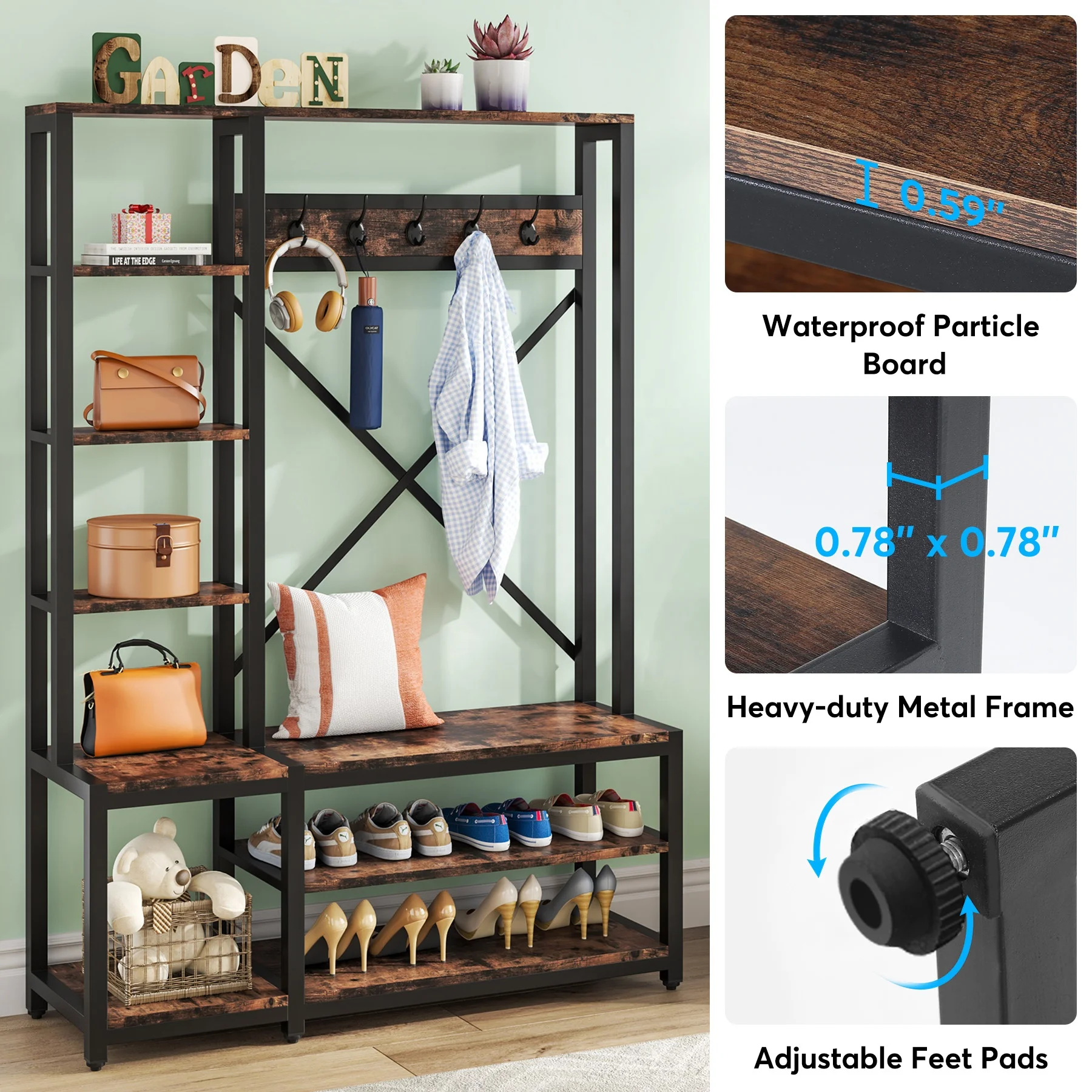 Freestanding Bedroom Furniture Open Wardrobe Clothes Organizer with Shoe Rack and 5 Hooks and Tiered Display Shelves