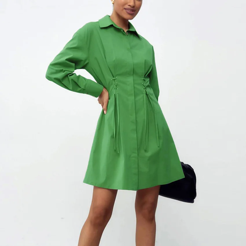 New style commuter lapel shirt skirt female waist slimming A-line dress design sense for ladies