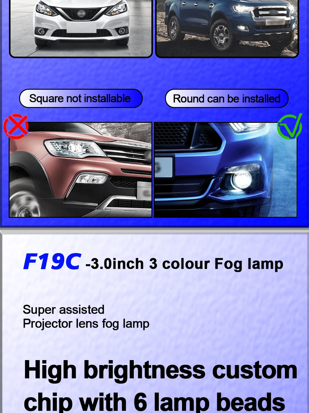 TECH-KING Car 3 inch universal Double beam 12V 3 color led fog/driving lights Retrofit and upgrade lamps led projector for car