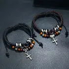 Fashion New Fashion Multi Layered Adjustable PU Leather Cross Pendant Rope Beaded Bracelets Men