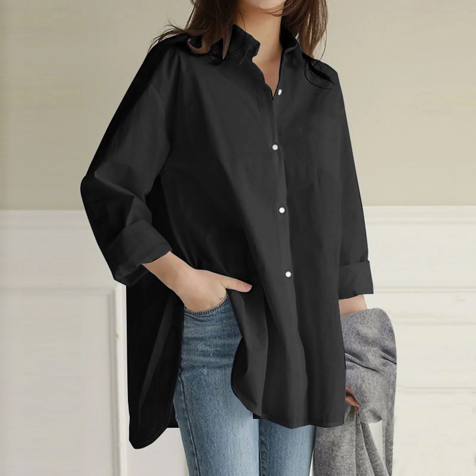 Fashion Denim Blue Shirts Women's Asymmetrical Blouse Casual Long Sleeve Blusas Female Button Down Tunic Loose Top details
