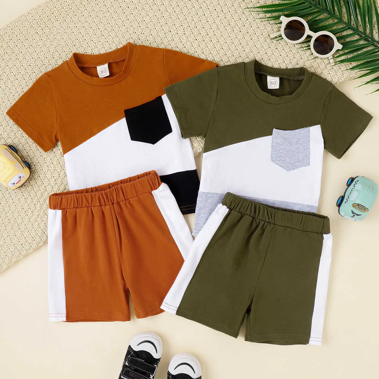 80 to 120cm Toddler Boy Cotton Color Matching T-shirt Shorts Boys Clothing Set Casual Trendy Quality Boys Tracksuit Clothing Set
