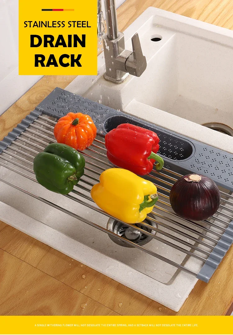Factory Outlet Stainless Steel Foldable Roll-Up Dish Drying Rack Eco-Friendly Adjustable Kitchen Use Single Tier Food Sundries
