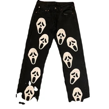 DiZNEW Custom Skull Logo Men's black jeans Patches Embroidered Denim Jeans high street hip-hop loose straight wide-leg pants