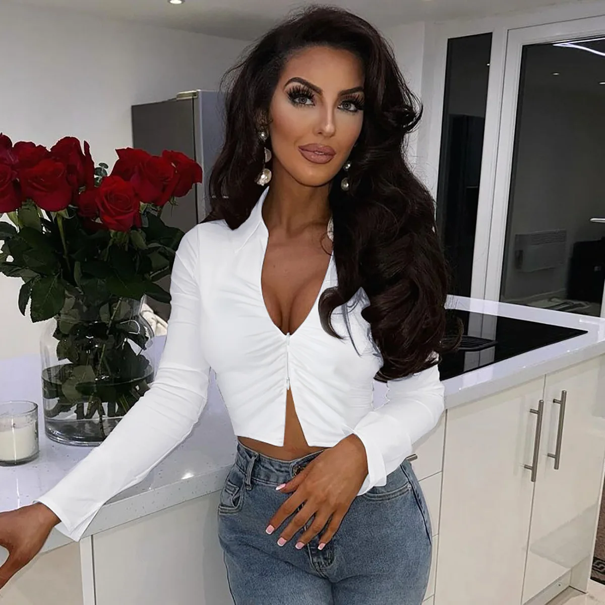 2024 Autumn New Chic Comfort-Oriented Women's Fashion Navel-baring Slim Fit Zipper Lapel Long-sleeved T-shirt Tops Short Length H15eb865cdcd3447da46d23b6826c4386A