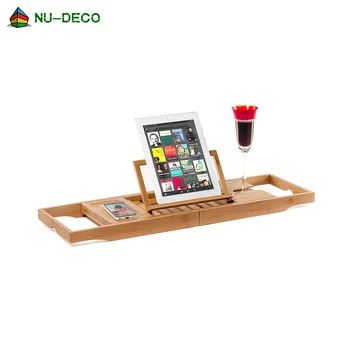 Bamboo wood diy expandable bathtub caddy bridge bath tray rack with extending sides reading book wine glass holder